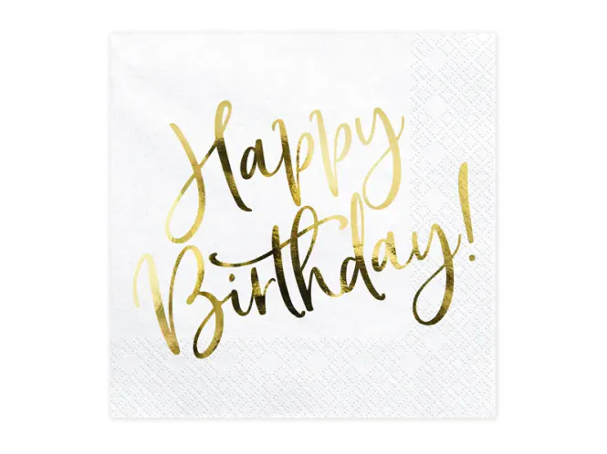 Hovedbilde SERVIETTER – Happy Birthday – Hvit med gull ...