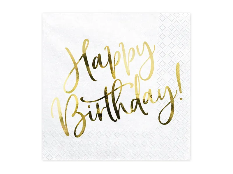 SERVIETTER – Happy Birthday – Hvit med gull – 20 pk – PartyDeco