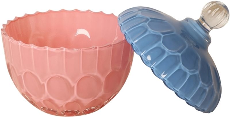 GLASSKRUKKE MED LOKK – Mønstret glass – Rosa med blått lokk