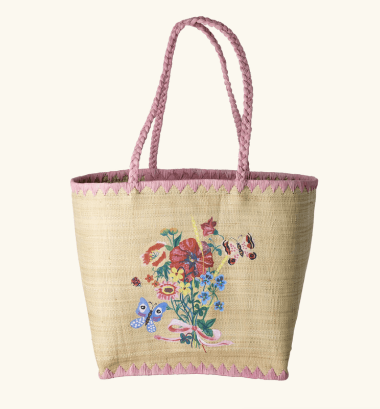 STOR RAFFIAVESKE – Rosa med blomster – Nathalie Lété x Rice