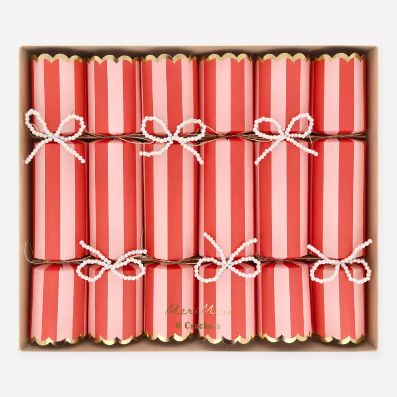 NON-SNAP CRACKERS – Perlesløyfe rød og rosa – 6 stk – Meri Meri